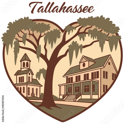 Tallahassee Historic Buildings and Moss Tree – Heart-Shaped Southern Scene