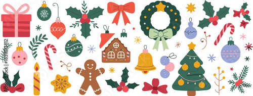 Colorful flat vector Christmas collection featuring tree, wreath, gift, gingerbread, and festive holiday ornaments.