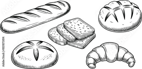 Hand drawn vintage bakery bread set with baguette, croissant, sliced toast, and sourdough loaf sketch.