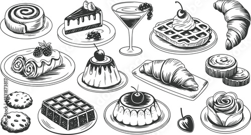 Hand drawn vintage food sketch set of desserts, cakes, waffles, croissants, pudding, and chocolate cookies.