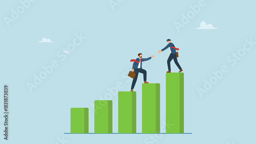 Success businessman support team member giving hand to help reach target. Manager support to achieve target, mentor or coaching to success in work, trusted partnership or team collaboration.