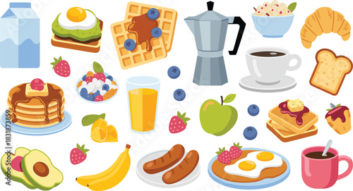 Flat vector collection of breakfast food items, featuring pancakes, waffles, coffee, eggs, and fresh fruit.