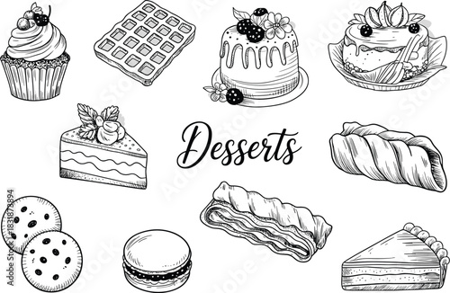 Hand drawn vintage sketch collection of sweet desserts including cakes, cookies, waffles, and french macarons.