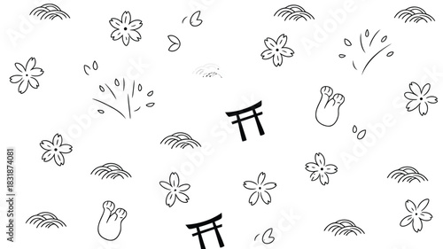Whimsical japanese doodle pattern featuring cherry blossoms torii gates and stylized waves on a white background