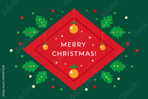Festive merry christmas greeting card with ornaments and evergreen trees