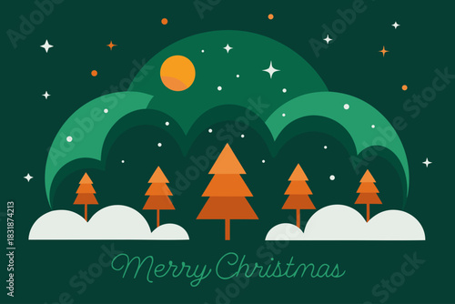 Festive flat design christmas card with orange trees and northern lights