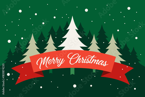 Festive merry christmas greeting with snow falling over a forest of pine trees