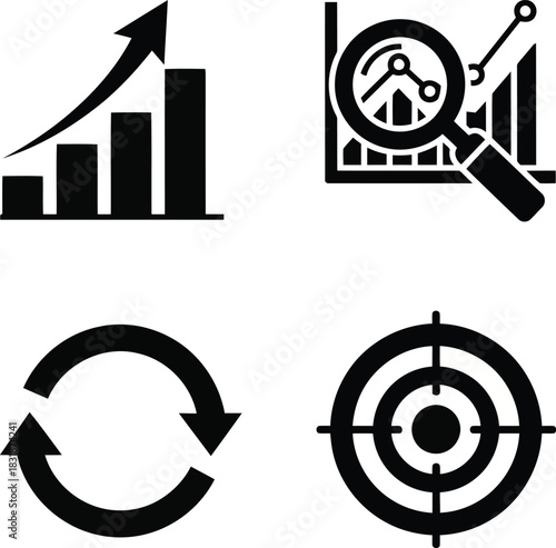 Business growth analysis cycle and target icons chart