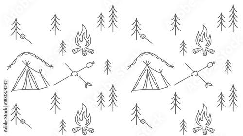 Hand drawn doodle style camping pattern with tents bonfires marshmallows and pine trees