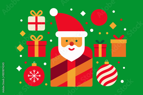 Festive flat design illustration of santa claus surrounded by gifts and ornaments on a green background