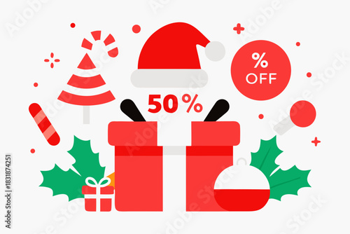 Festive fifty percent off christmas sale with gifts and santa hat illustration