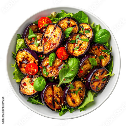 Healthy roasted eggplant salad appetizer with lemon dressing isolated on a bright white background