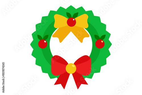 Festive green christmas wreath with red and yellow bows and berries