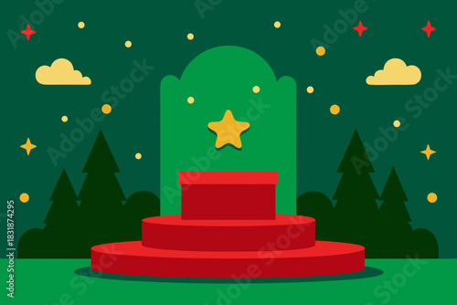 Festive christmas scene with red gift box on stage and starry night sky