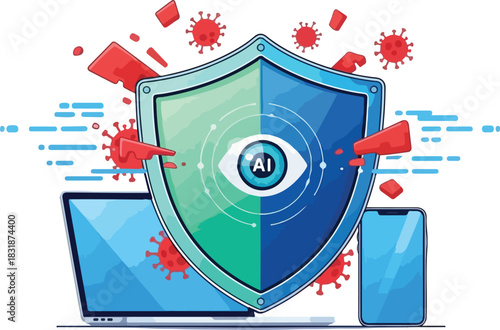 AI Powered Cybersecurity Shield Protecting Digital Devices from Viruses and Threats.