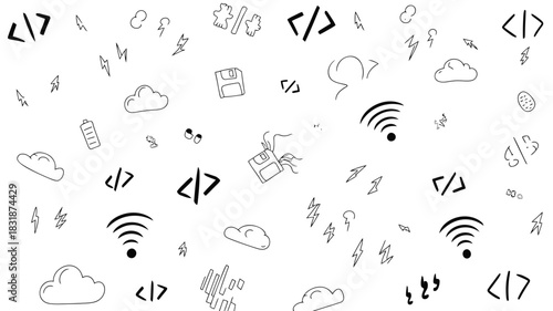 Hand drawn icons of coding symbols clouds lightning wifi and floppy disks on a white background