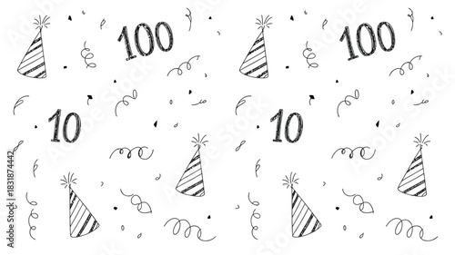 Hand drawn doodle pattern of party hats confetti and numbers 10 and 100 for celebrations