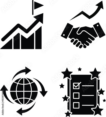 Business growth handshake global checklist and success icons