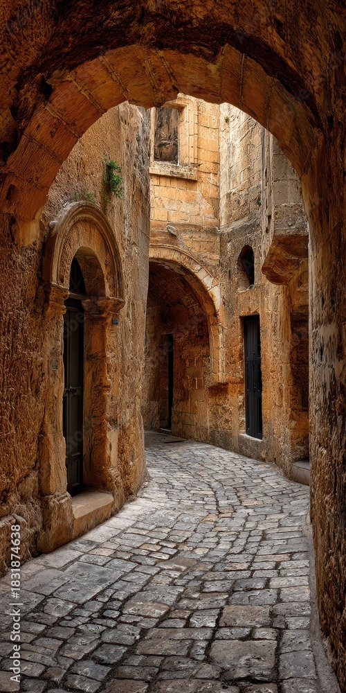 Obraz premium Historical Cobblestone Pathway: A Curved Ancient Stone Alleyway in Malta with Intricate Archway Architecture
