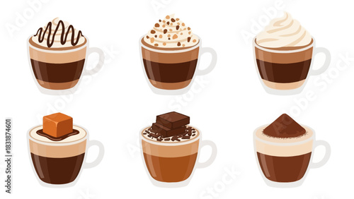 Six different types of coffee drinks with various toppings in glass mugs, isolated on a white background, showcasing a delightful beverage collection.