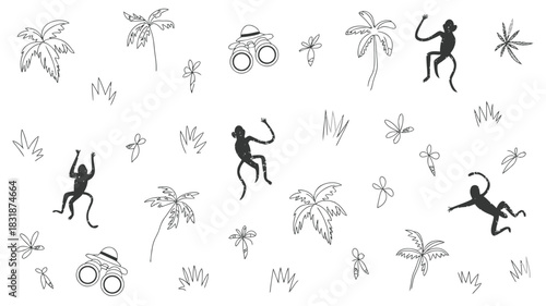 Playful monkeys swing and leap among palm trees and tropical foliage in a whimsical jungle scene