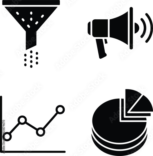 Four black icons representing data analysis and marketing