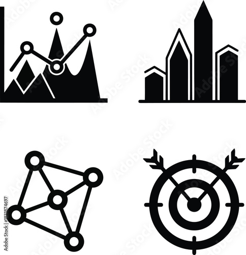 Four black icons representing data analysis business and goals