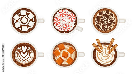 Top view of six different hot chocolate or coffee drinks with various toppings like marshmallows, candy canes, chocolate, caramel, and whipped cream.