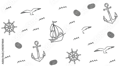 Whimsical hand drawn nautical elements including sailing ship anchors ship wheels seagulls and ropes on white background