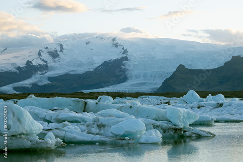 Iceland's main glacier in the south of the country with the last rays of the summer sun on a clear day in early July