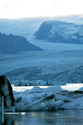 Iceland's main glacier in the south of the country with the last rays of the summer sun on a clear day in early July