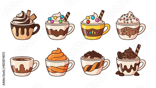 A collection of cartoon hot chocolate and coffee drinks in mugs with whipped cream and various toppings, isolated on a white background.