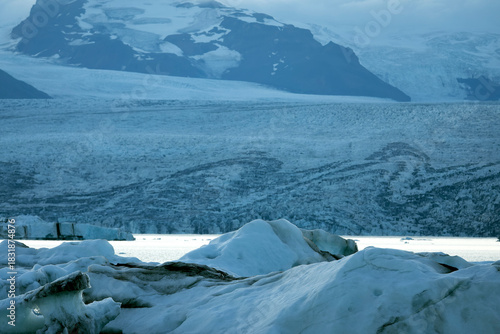Iceland's main glacier in the south of the country with the last rays of the summer sun on a clear day in early July