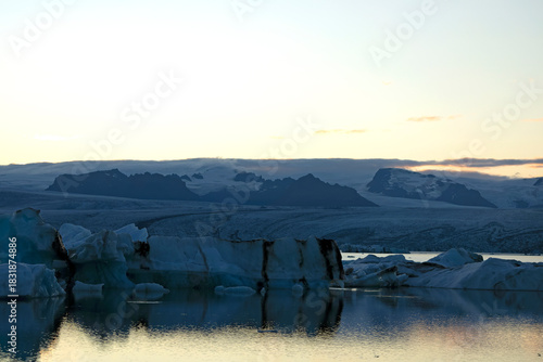 Iceland's main glacier in the south of the country with the last rays of the summer sun on a clear day in early July