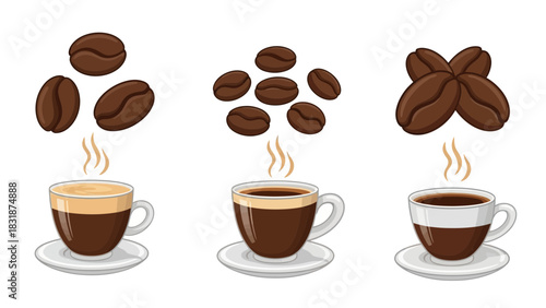 Illustration showing different types of coffee drinks made from roasted coffee beans.