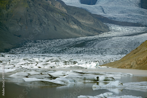 Iceland's main glacier in the south of the country with the last rays of the summer sun on a clear day in early July
