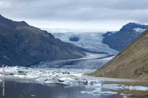 Iceland's main glacier in the south of the country with the last rays of the summer sun on a clear day in early July
