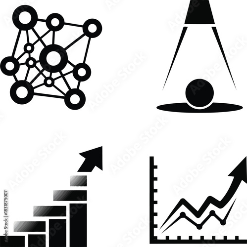 Network diagram spotlight bar chart and line graph icons