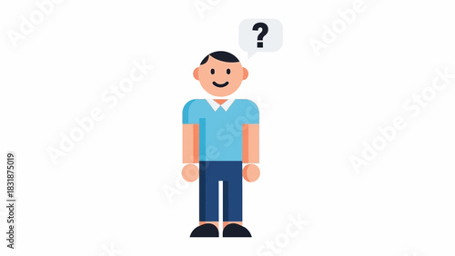A cartoon illustration of a smiling man in a blue shirt with a question mark speech bubble.