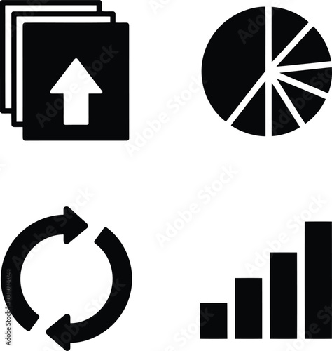 Stacked documents upload icon pie chart refresh arrows bar graph