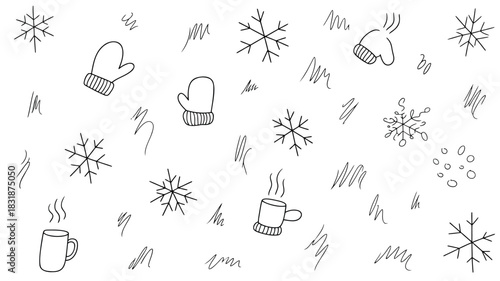 Cute hand drawn winter pattern with snowflakes mittens and steaming mugs on white background
