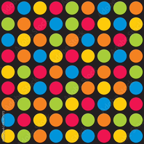 Tile vector pattern with colorful polka dots on black background