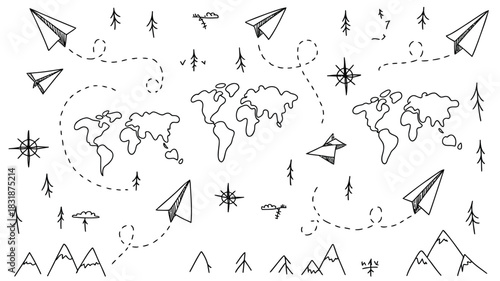 Hand drawn doodle world map with paper airplanes compasses trees clouds and mountains for travel adventures