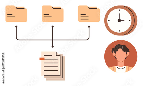 Folder hierarchy linked to documents, clock signifying deadlines, and user representing teamwork. Ideal for data management, task planning, project workflow, productivity, account handling