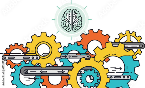An artificial intelligence brain chip with neural network connections shown on robotic gears and cogs.