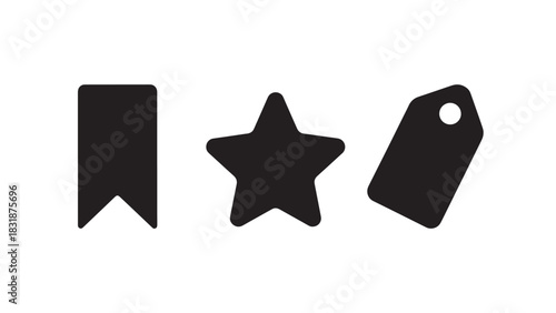 Three black silhouette icons representing a bookmark a star and a tag isolated on white background