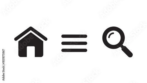 Simple black silhouette icons representing home menu and search functions isolated on white background
