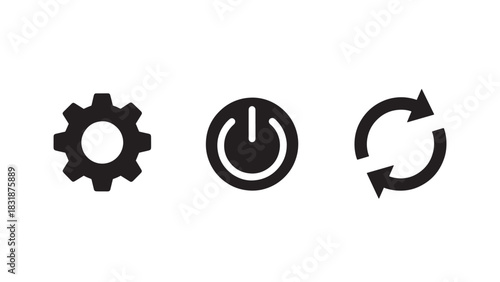 Collection of three simple black icons representing settings power and refresh isolated on white background