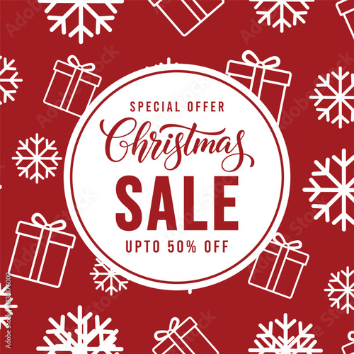 Festive red Christmas sale banner with circular badge, gift box line icons and snowflake pattern, promotional holiday background template for winter retail discounts and special offers, up to 50 perce