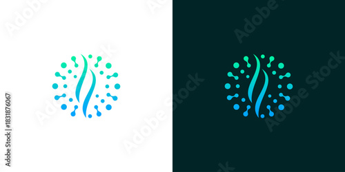Innovative abstract logo design featuring a central S-curve resembling a spine or DNA, surrounded by a network of dots symbolizing connection, technology, or cellular health